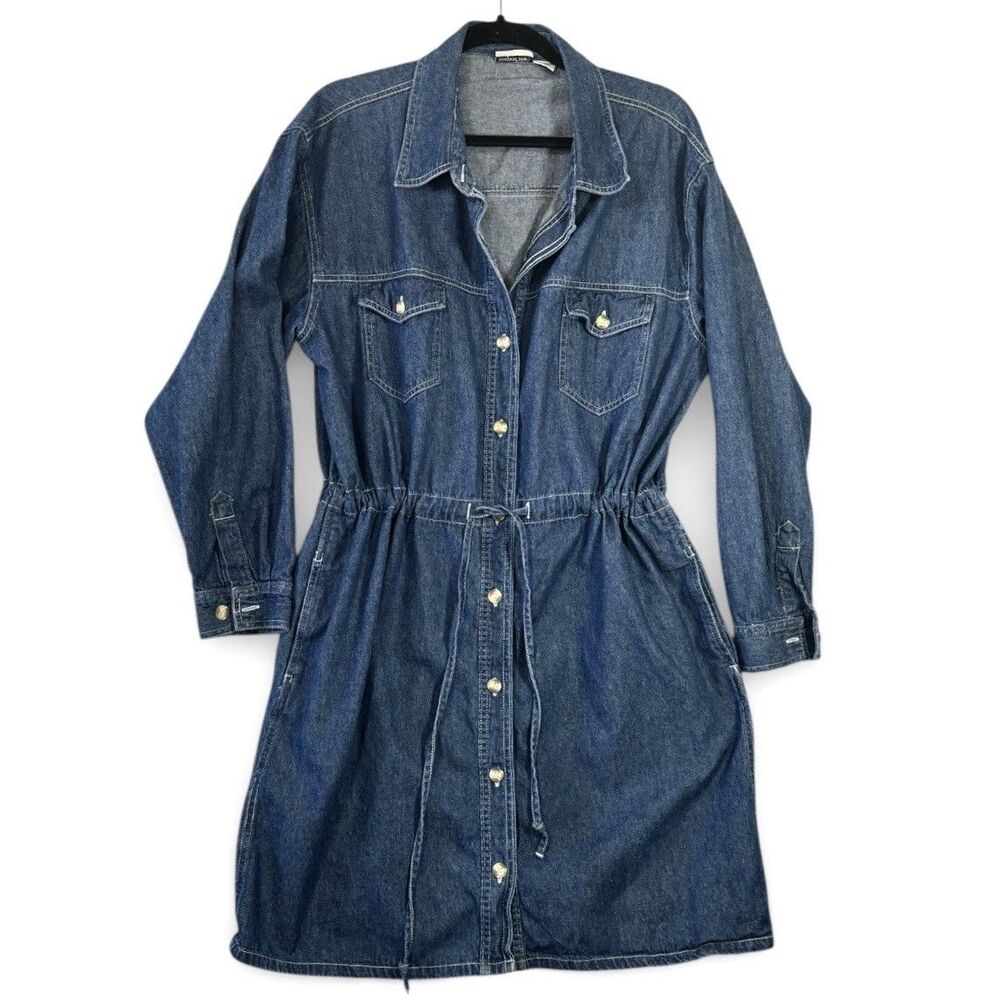Vintage 90s Newport News Denim Shirt Dress Size 14 100% Cotton Chambray Blue